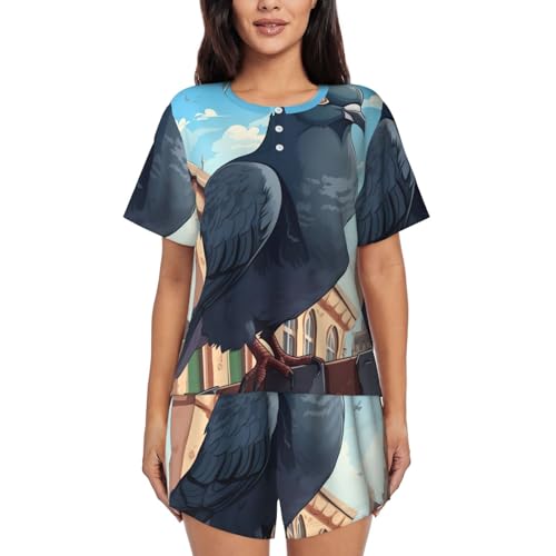Pyjama à manches courtes pour femme imprimé pigeon ensemble confort maison