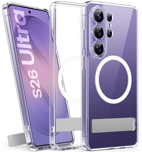 SIXBOX Funda para Samsung Galaxy S26 Ultra con Soporte Integrado, Compatible con MagSafe, Protección de La Cámara, Protección Militar a Prueba de Golpe, Carcasa Anti Amarillo Antigolpes, Transparente