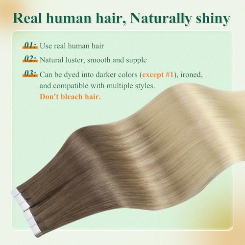 Image of Easyouth 22 Inch Tape in Hair Extensions Human Hair Ombre Tape in Extensions Ash Brown Fading to Platinum Blonde Tapes ins Human Hair Extension Ease of Application 50g 20pcs