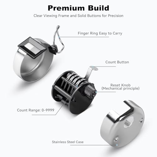 Image of Clicker Counter, Metal Hand Tally Counter Clicker with 4 Digit Display, Pitch Counter for Golf Stroke, Baseball, Coaching, Knitting, Lap, Row Sport, Silver