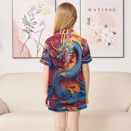 ALAZA Chinese Dragon Blossom Flower Color Satin Pajamas Set Short Sleeve Button Down Sleepwear Summer Pjs 2 Piece4