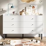 BAZELOR White Kids Dresser for Bedroom, 6 Drawers Dresser with Golden Handles, Modern Baby Chest for Nursery, Hallway, Entryway