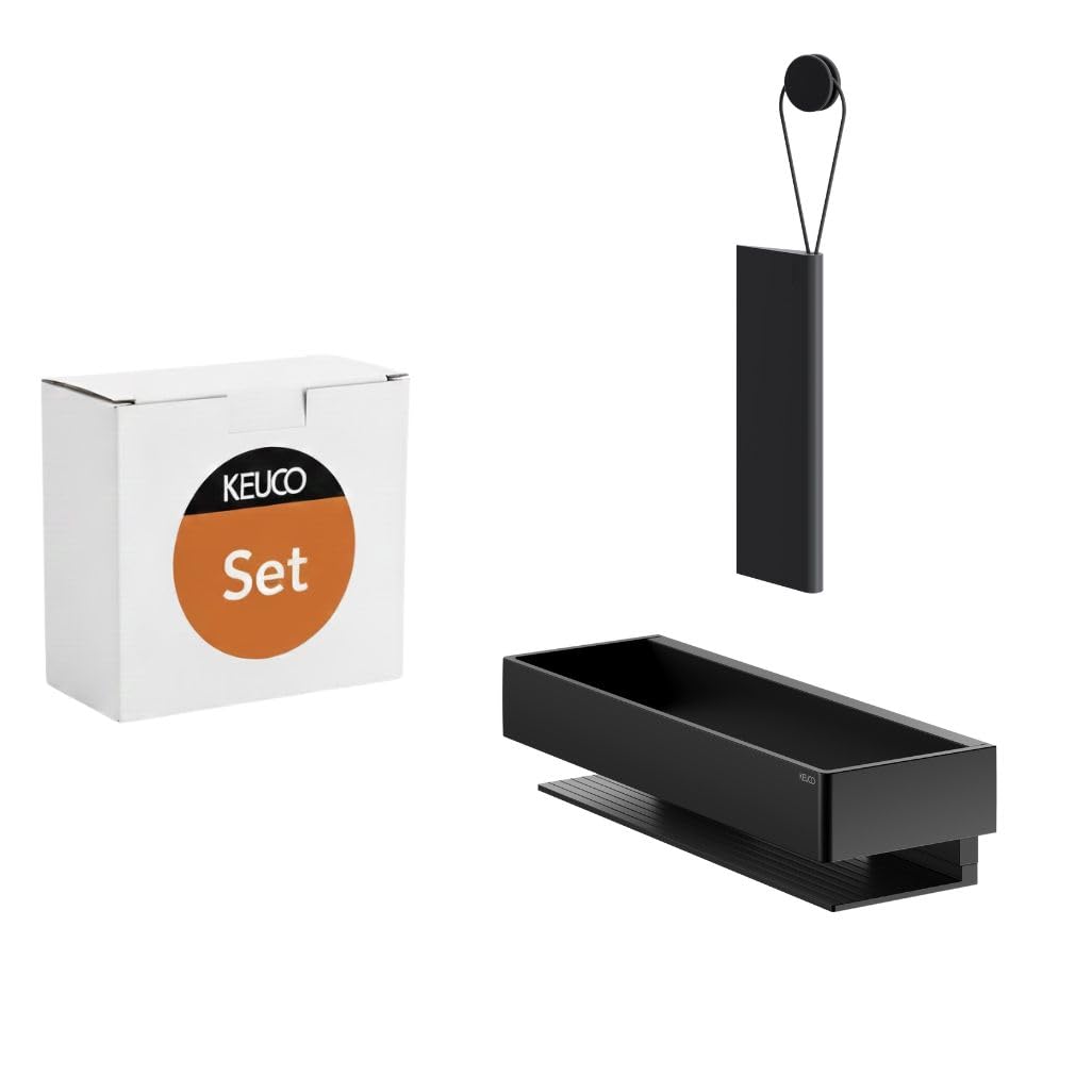 Keuco Edition 11 Set de bandeja ducha 30 cm negra y limpia mamparas negra | Extractor con gancho de pared para pegar, repisa de ducha de aluminio, incl. tornillos y tacos, extraíble