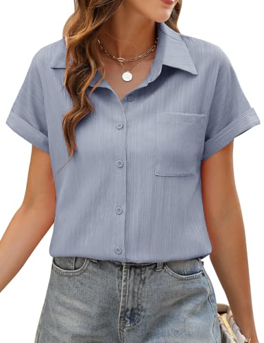 PASUDA Chemise Femme Haut Été Blouse Femme Chic et Élégant Manches Courtes Col en V Chemisier Tunique Tops avec Boutons Haut Décontractés T-Shirts D'été Ample...