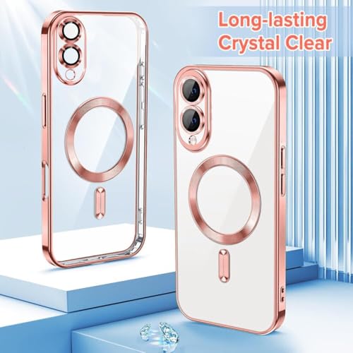 Image of VONZEE Clear Logo Electroplating Transparent Clear Case for Samsung Galaxy S25 Edge 5G, Magnetic Plating [Support for MagSafe Charger] Electroplate TPU Cover-Rose Gold