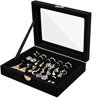 7 Slots Jewellery Box for Ring Earring, Velvet Jewelry Display Tray, Jewelry Storage Case Organiser with Clear Glass Lid for Women Girls Stud Earring Holder (15x20cm, Black)