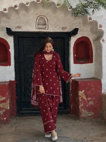 Image of ANNI DESIGNER Farshi Salwar Suit for Women | Cotton Blend Printed Straight Kurta with Dupatta | Farsi Farasi Parsi Ethnic Indian Office Party Wedding Clothing Fashion Premium Traditional Look 3 Piece