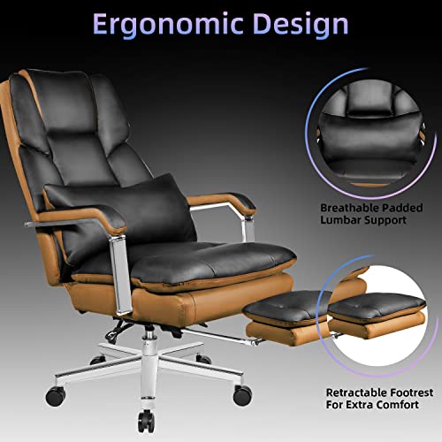 Seekfancy Reclining Office Chair With Footrest O203, Big And Tall Office Chair 500Lbs Wide Seat With 170° Backrest, High Back Large Executive Office Chair Lumbar Support，Black Leather Managerial Chair #TOP2