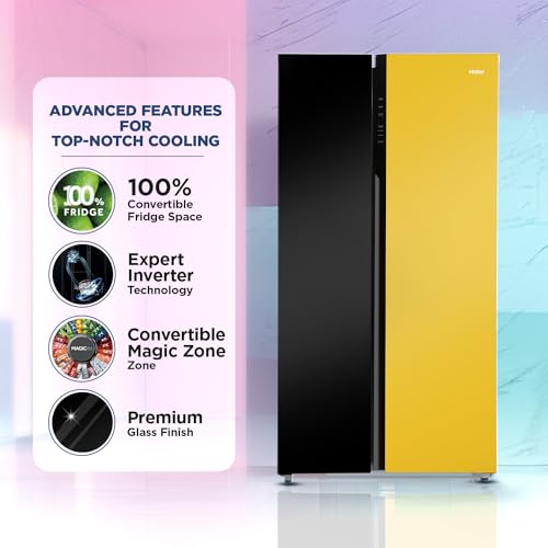Image of Haier 602L, 3-Star, Vogue 100% Convertible Fridge Space, Expert Inverter 2-Door Side by Side Refrigerator, (HRS-682KYG, Black Yellow Glass)