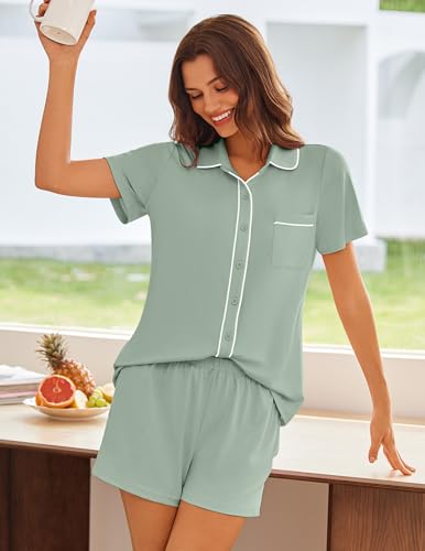 Image of Ekouaer Womens Pajama Sets Button Down Lounge Set 2 Piece Loungewear Soft Sleepwear Short Sleeve Pjs with Pockets