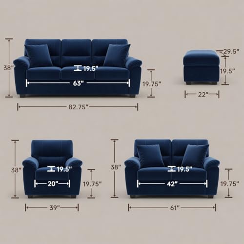 Image of Anderson 6 Seater Fabric Sofa Set (3+2+1) with Storage Ottoman Blue, Premium Velvet Finish Upholstery, Solid Wood Frame, High Density Foam Cushions, Modern Living Room Furniture
