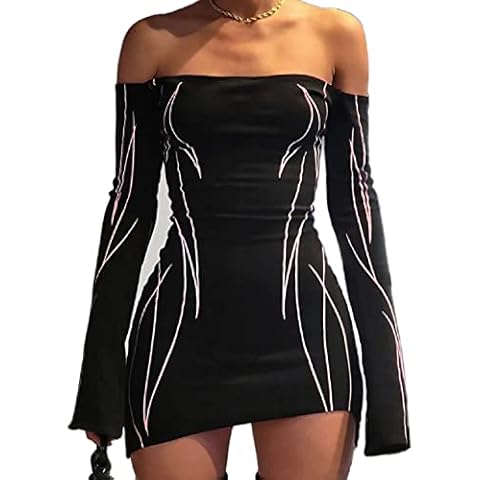 Aopwsrlyi Women Sexy Off Shoulder Long Sleeve Mini Bodycon Dress Y2K Print Asymmetrical Hem Dresses Party Clubwear(S,Black) Cover