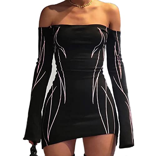 Aopwsrlyi Women Sexy Off Shoulder Long Sleeve Mini Bodycon Dress Y2K Print Asymmetrical Hem Dresses Party Clubwear