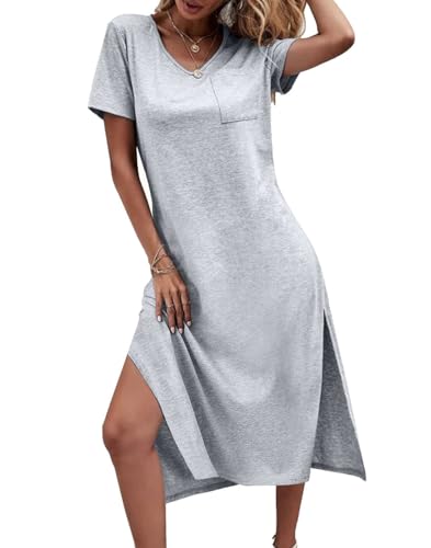 Image of Dyexces Women Summer T Shirt Dress Casual Short Sleeve V Neck Maxi Dresses Loose Side Slit Long Tshirt Dress with Pockets
