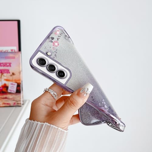 Image of for Samsung Galaxy S21 FE Case for Women Gradual Change Glitter Crystal Soft TPU Stylish Butterfly Floral Heart Clear Protective Cover with Strap for Samsung S21 FE (Purple)