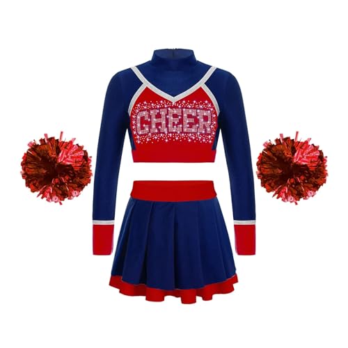 HWJFDC Deguisement Pompom Girl Uniforme de pom-pom girl for enfants, tenue de danse, haut court, boules de fleurs, Costume de pom-pom Girl for enfants, tenue d'équipe d'encouragement(A Navy Blue,12)