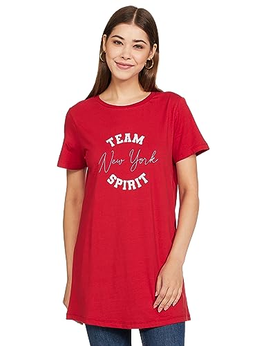 Image of Amazon Brand - Symbol Women's Graphic Cotton Stretch Half Sleeve Round Neck Regular Fit T-Shirt (Tunic Length)