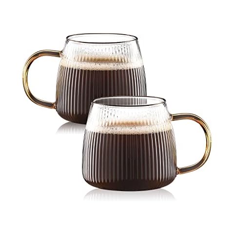 Luxtea Vintage Glass Coffee Mugs Set of 2 Ribbed Drinking Glasses Clear Tea Cups Borosilicate Glass Cup in Vertical Stripes Pattern for Cappuccino,Latte,Beverage (14 Fl.Oz.,Yellow Handle) Cover