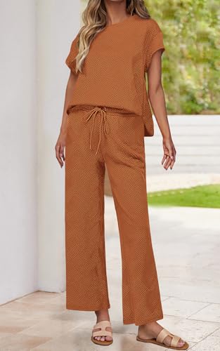 Image of PRETTYGARDEN 2 Piece Outfits For Women Casual Tracksuit Short Sleeve Tops And Wide Leg Long Pants Matching Lounge Sets