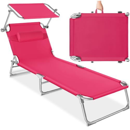 tectake® Chaise Longue Pliante Bain de Soleil avec Pare Soleil & Appuie-tête - Inclinable Transat de Plage Relax pour Jardin, Camping, Salon Extérieur - Rose