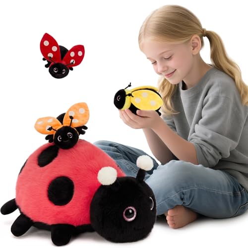 MorisMos Coccinelle Peluche Géante XXL 40cm avec 3 bébés dans Le Ventre,Grande Coccinelle en Peluche Réaliste Douce Mignon, Idée Cadeau Noel pour Enfant Filles...