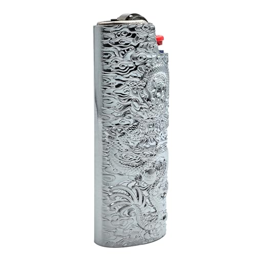 Case Cover Holder Vintage Dragon Engraving For Bic Full Size Lighter J6 (silver)