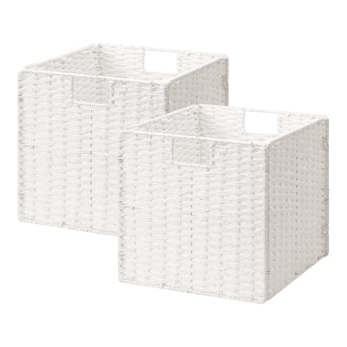 StorageWorks 13 inch Wicker Storage Baskets, Foldable Handwoven Wicker Basket for Organizing, Paper Rope Square Storage Cubes, White, 2 Pack