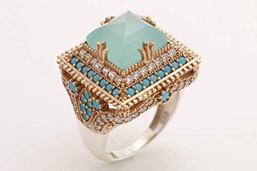 Turkish Handmade Jewelry Square Shape Princess Cut Aquamarine And Round Cut Turquoise Topaz 925 Sterling Silver Ring Size Option #TOP1