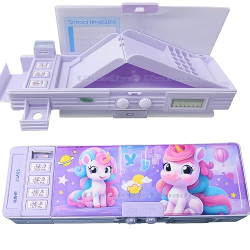 Image of Royals hub Plastic Multifunctional Unicorn Password Lock Double Sided Compass Box for Kids, Pencil Box for Boy & Girl, Aesthetic Stationary Items, Unicorn Theme Pencil Case Return Gifts for Kids