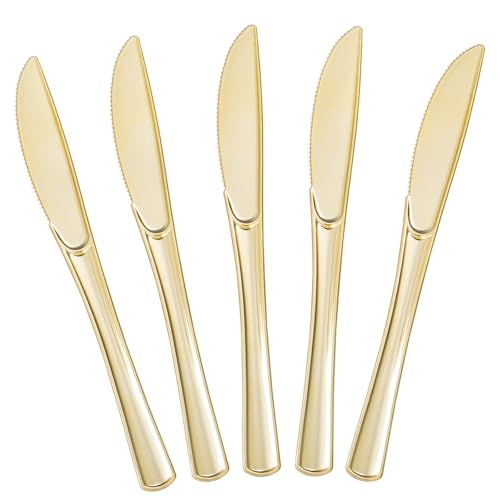 BESTVIP 100 Count Gold Plastic Knives Solid and Durable Plastic Knives Disposable Heavy Duty Look Like Real Cutlery Utensils Perfect for Parties Weddings Christmas Special Occasions