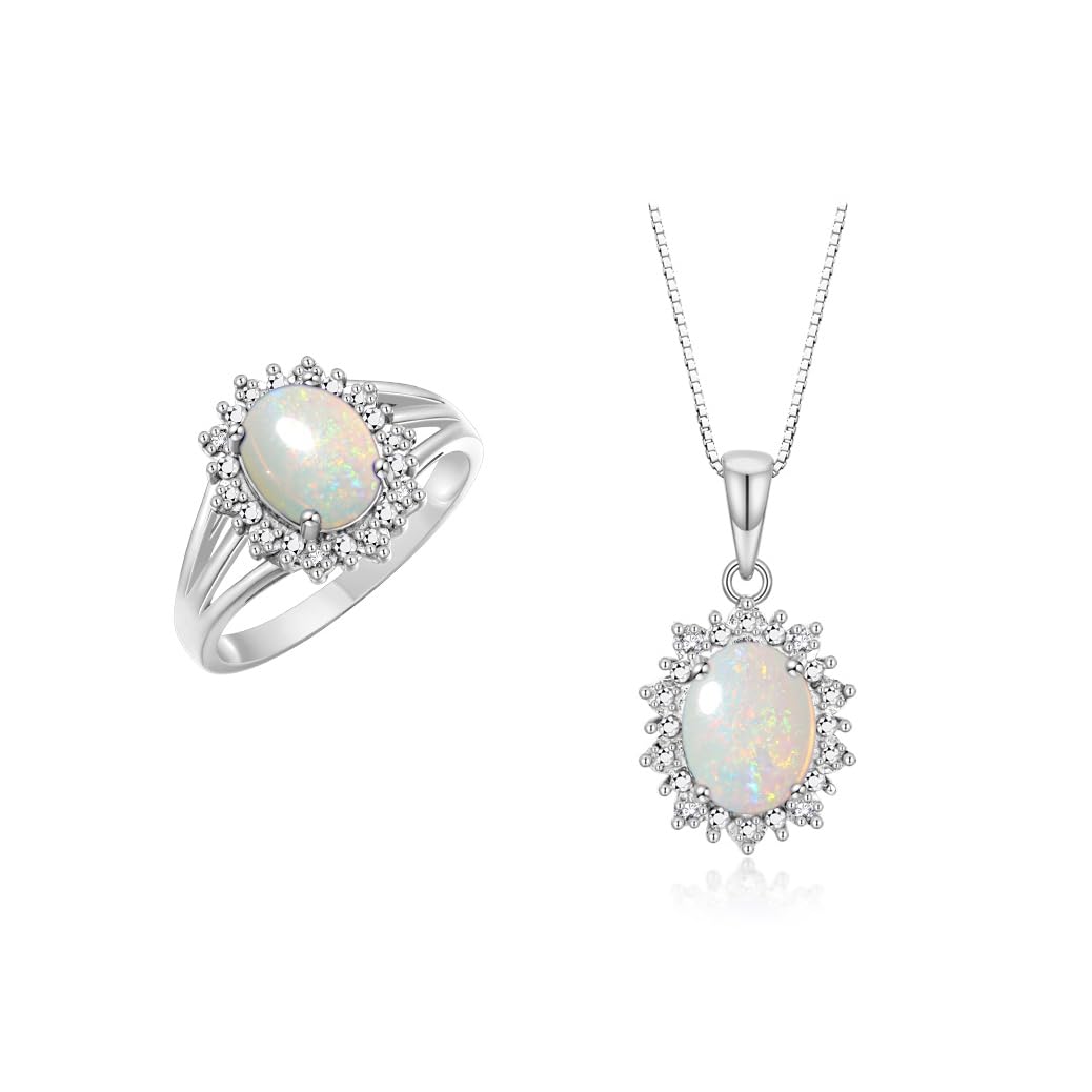 Rylos Women's Sterling Silver Princess Diana Ring &amp; Pendant Set. Gemstone &amp; Diamonds, 9X7MM Birthstone. Matching Friendship Jewelry, Sizes 5-10.
