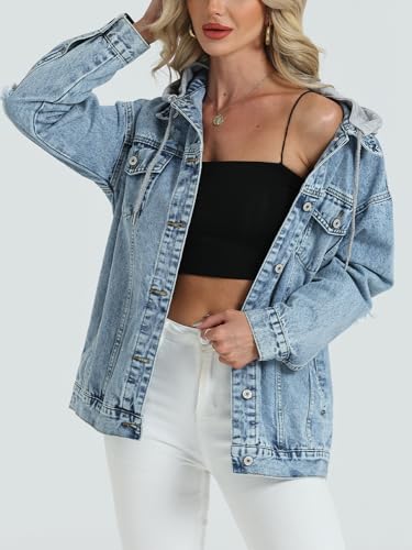 Women's Oversized Denim Jacket Long Distressed Ripped Trucker Jean Jackets Coat With Detachable Hood2