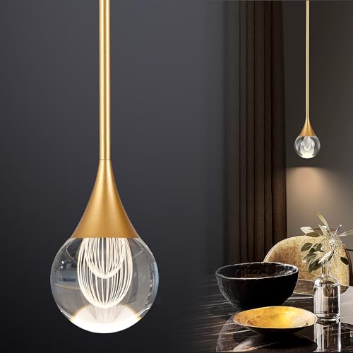 1-Light Teardrop Crystal Pendant Light, Brass Gold Globe Ceiling Hanging Light Fxitures, LED Raindrop Light Fixtures Metal Rod Ceiling Glass Pendant Lighting for Kitchen Island Dining Room Bar