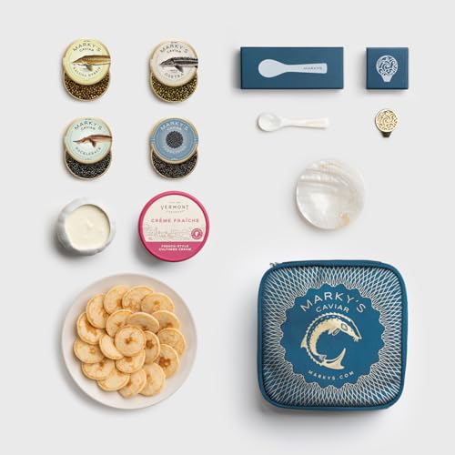 MARKY'S Essential Caviar Tasting Gift Set - 0.5 oz / 14 g (Pack of 4) x Kaluga Royal Amber, Hackleback, Osetra Royal, Paddlefish - Cocktail Blini - Сreme Fraiche - Serving Set - Spoon, Plate & Tin Opener - Comes with Cooler Gift Bag