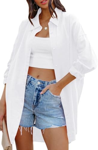 Cicy Bell Damen Bluse Oversized Langarm Button Down mit Taschen | Oberteil,Casual,Langarmshirt,Einfarbig,T-Shirts,Herbst Locker Tops,Hemd