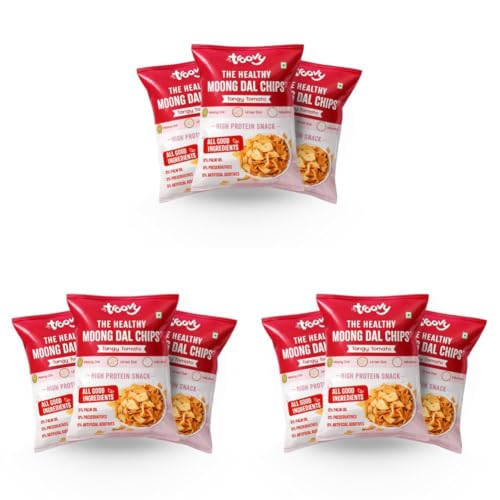 Image of Troovy Healthy Tangy Tomato Moong Dal Chips | Tasty & High Protein Snacks | 30% Of Protein Needs | No Palm Oil, Cholesterol or Trans Fats | 70g (Pack of 9)