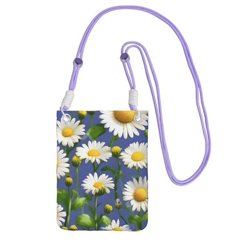 Bolso bandolera pequeño con estampado de flores de margaritas de primavera, bolsa para teléfono celular, cartera con correa ajustable para mujer, Púrpura, Talla única