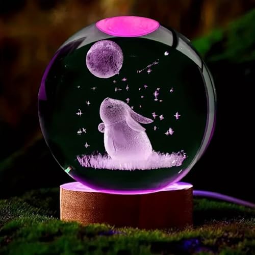 Image of Hamsa Magical Crystal Ball Night Light, LED Color-Changing Globe Lamp, Crystal Ball Lamp, Desktop Decorative Mood Light (16 Color Bunny with Moon)