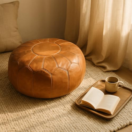 Moroccan Ottoman Leather Pouf β Luxurious Boho Decor for Living Room, Bedroom, or Lounge Seating | Handmade Comfort & Style