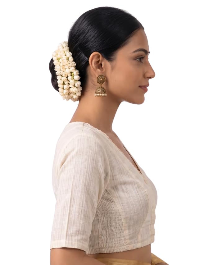 Image of Studio Shringaar Women's Handloom Cotton Side Stretchable (Smocked) Readymade Saree Blouse with Crochet Neckline