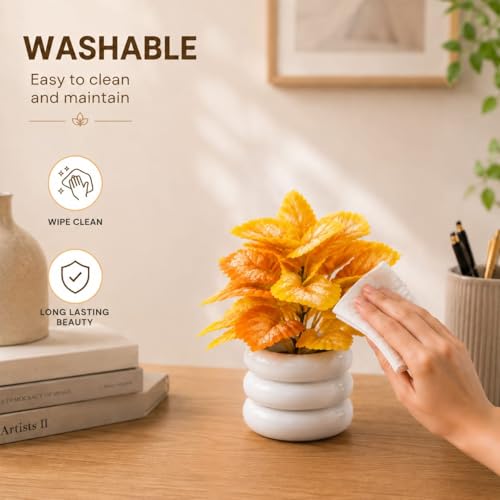 Image of Artificial Mini Potted Plant with Premium White Ceramic Style Pot - Vibrant Orange-Yellow Faux Desk Plant for Home Decor, Office Table, Living Room & Study Room Aesthetic, Washable & Zero Maintenance