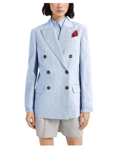 Women's Seersucker Stripes Blazer for Work Office Double Breasted Peak Lapel Lightweight Business Jackets