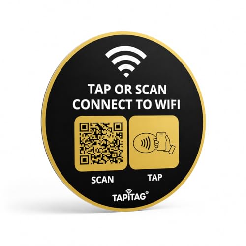 Etiqueta WiFi NFC con código QR TAPiTAG Porter de PVC negro y dorado de 70 mm