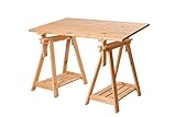 bureau bois treteaux Bureau Architecte pin massif, Tréteaux réhaussables de 69 à 91 cm, L120 x P80 x H69 à 91 cm