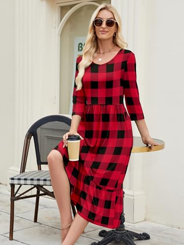 Image of Heymoments Women's Casual 3 /4 Sleeve Midi Dress Crewneck A Line Tiered Flowy Loose Travel Long Dresses with Pockets
