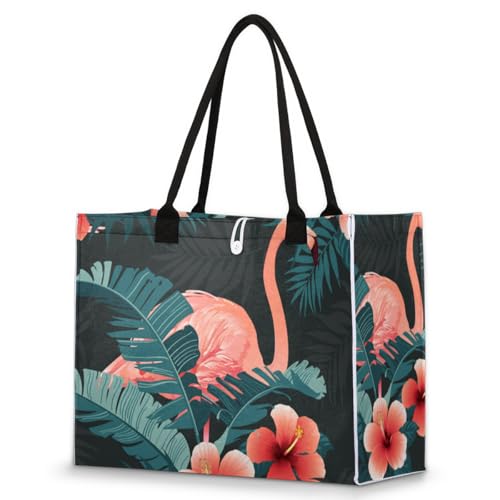 Flamingo Flower Tote Bag for Women Large Beach Bag Reusable Tote Bags for Work Travel Beach Shopping