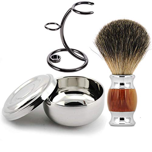 Grandslam Shaving Brush Kit,Pure Badger Hair Shaving Brush,Stainless Steel Shaving Stand and Double Layers Shaving Bowl