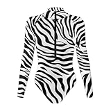 Wideasale Zebra Print Bodysuits for Women Tummy Control Zip Front Sexy Deep V Neck One Piece Jumpsuit Bodysuits for Women Long Sleeve Bodysuits for Women Plus Size