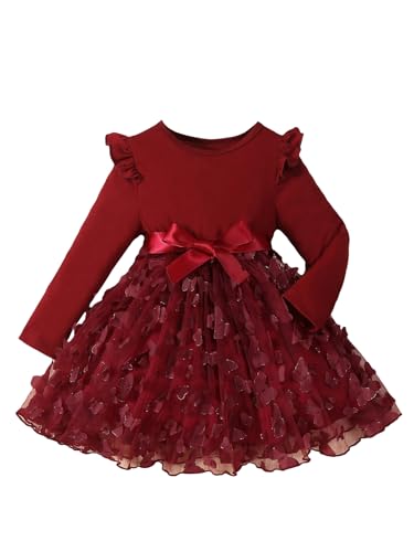 MakeMeChic Girl's Round Neck Long Sleeve Mesh Sheer Butterfly Bow Knot Ruffle Trim Short Dress