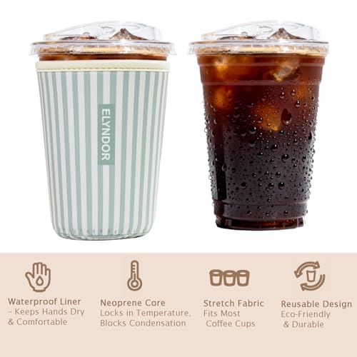 Image of Reusable Insulated Sleeve for Iced Coffee Cup, 3-Pack Coffee Neoprene Drink Sleeve for Cold & Hot Drinks, Beverage Holder for Iced Coffee (Green Stripes)
